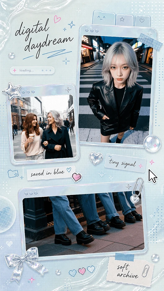 Digital Daydream collage template with blue frames, photos, and stickers